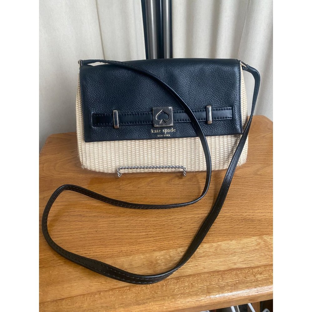 EUC Kate Spade Houston Street Loula Straw Leather Crossbody Black Pale Natural